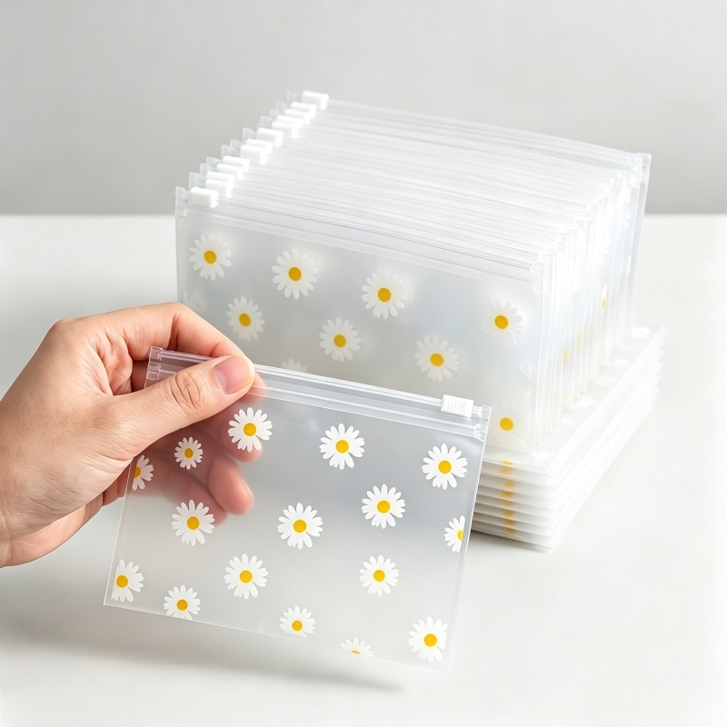 TEMU 40pcs Daisy-print Frosted Zipper Pouches, Reusable Clear Plastic Storage Bags For Cosmetics, Jewelry, Hair Additions, Stationery And Craft