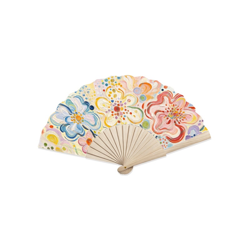 TEMU Whimsical Abstract 2d Flat Craft Fan With Solid Wood Frame, 1pc Decorative Hand Fan, Vibrant Colorful Floral Wall Ornament, Ideal Holiday Gift
