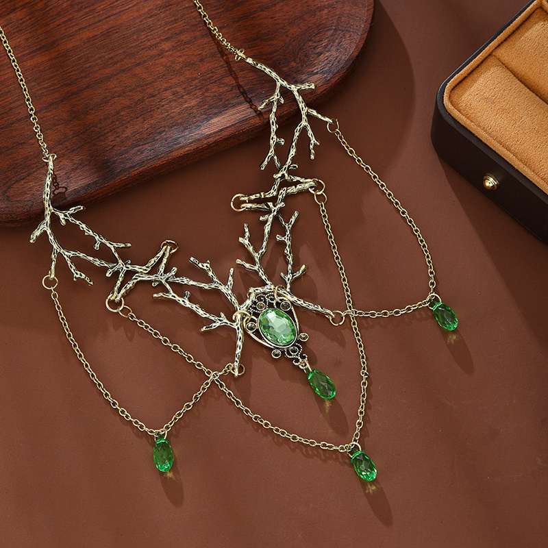 TEMU Collier pour femme à pendentif à pompons avec branche ajourée bohème rétro et synthétique, incrustation de synthétique verte, ajouts faciles de