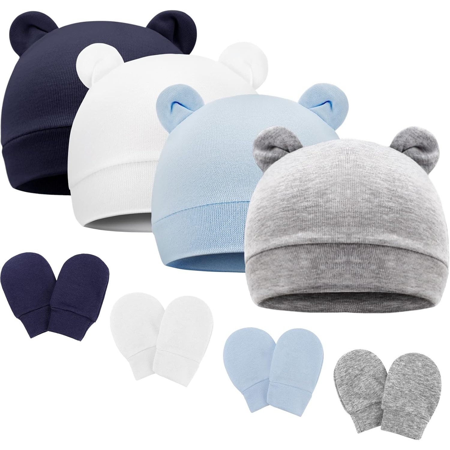 TEMU 4pcs Small Hat With Mittens, Cute Bear Ears Beanie Caps, Solid Color Beanie, Lightweight & Breathable, Soft Hat Set, Suitable For Daily Wear,