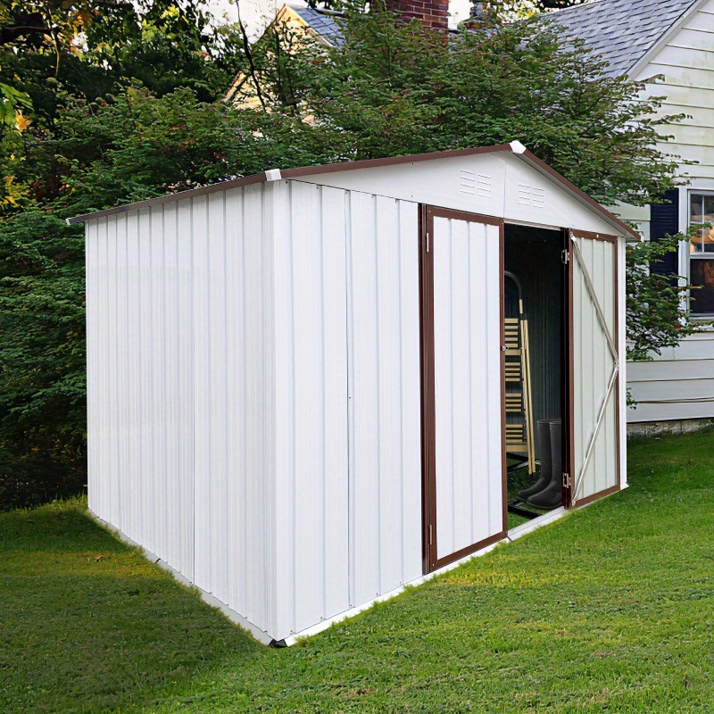 Heavy-Duty 8x6ft Metal Garden Shed with Apex Roof - Outdoor Storage building, Locking Doors, Ventilation Vents - Ideal for Backyard, Garage, Workshop - Durable Metal Construction (White+ Coffee Colors), Backyard Organization, Gable Roof Design, Weatherresistant Material, DIY Enthusiasts