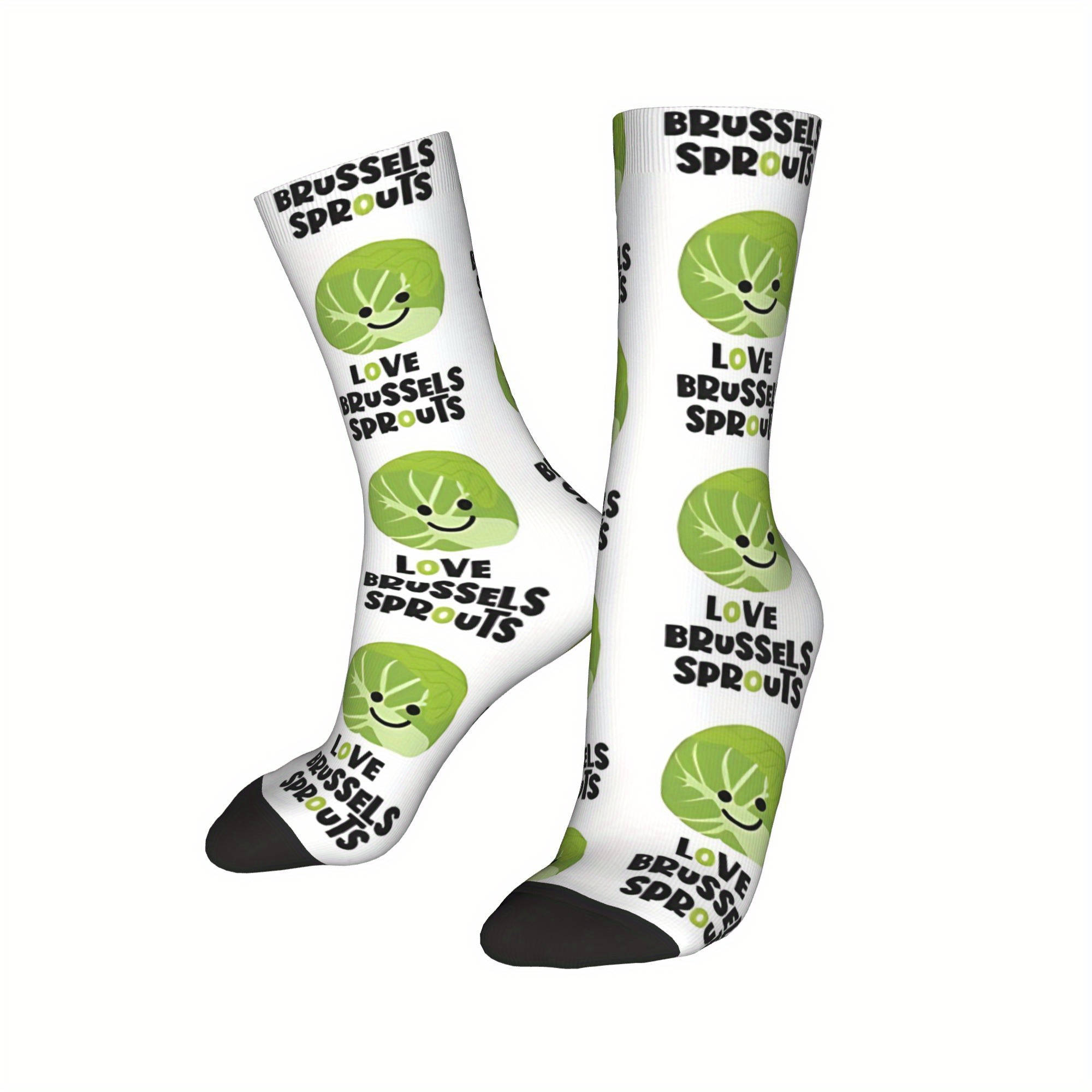 TEMU Funny Vegetable Lover Gift - Brussels Sprouts Pun Socks (love Brussels Sprouts) - Novelty Crew Socks For - White With Green - Casual Casual
