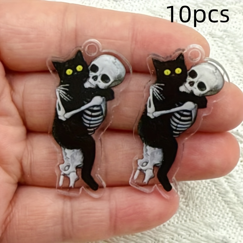 TEMU 2d Flat - 10pcs 2d Flat Handmade Halloween Acrylic Charms - Black Cat And Skull Hugging Cat Design, Suitable For Jewelry Making, Necklace,