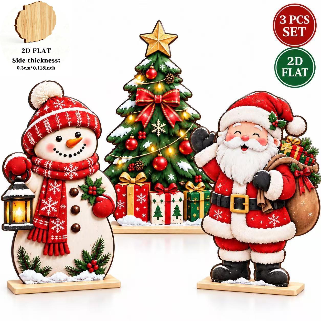 TEMU 2d Flat, 3pcs Santa Claus, Snowman, Christmas Tree Wooden Desktop Ornaments, Country Farmhouse Retro Style Holiday Table Decorations; Red And