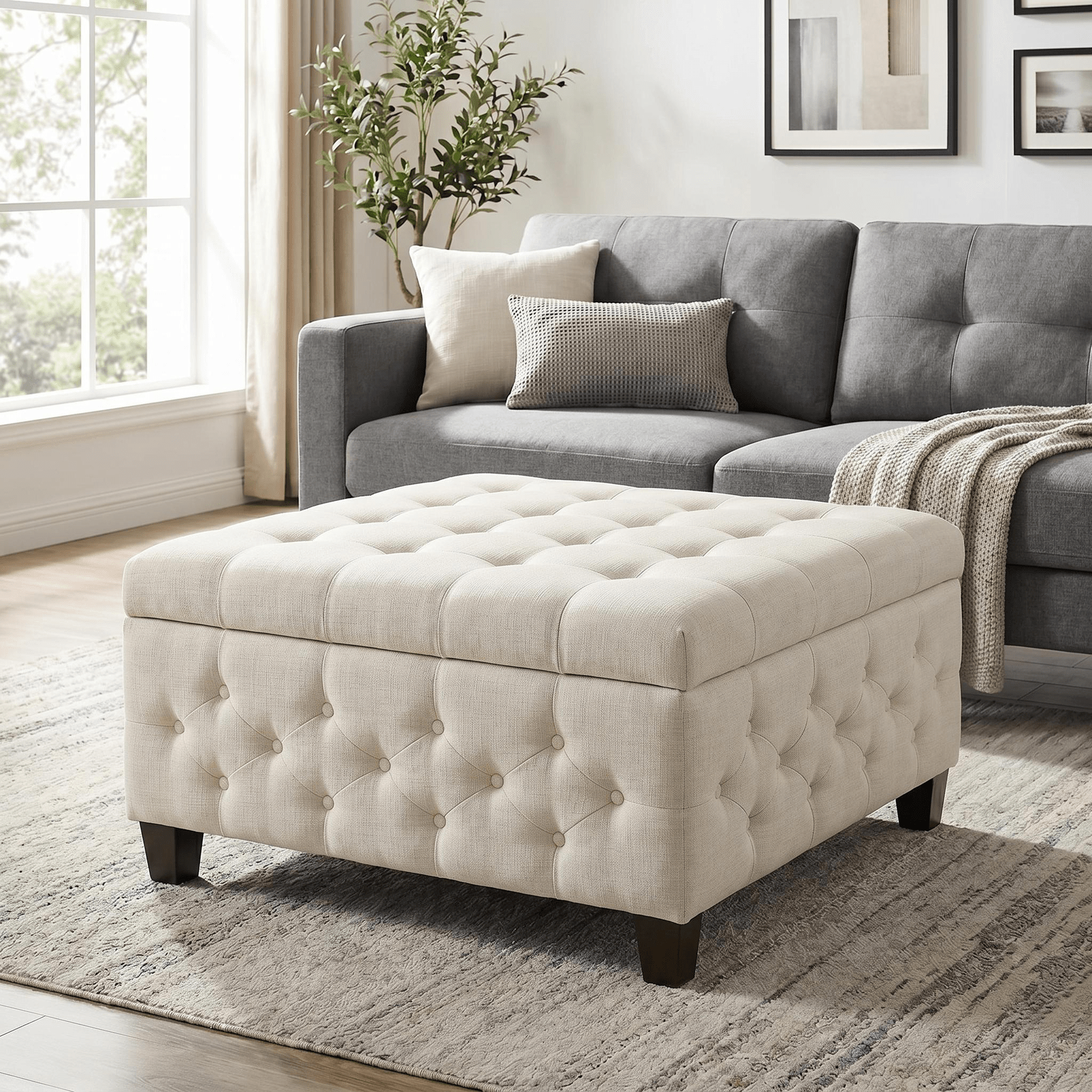 Image of Gaomon Beige Storage Ottoman Bench 90x90cm Square Footrest With Lift Top Fabric Rubber Wood Legs For Bedroom Living Room Hallway