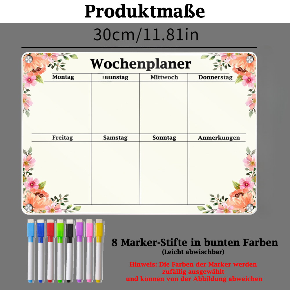 TEMU 1pc 7.87 X 11.81in German Style Reusable Magnetic Weekly Planner With 8pcs Random Colors Colored Pens, Fridge Magnetic Memo Board, Home Office