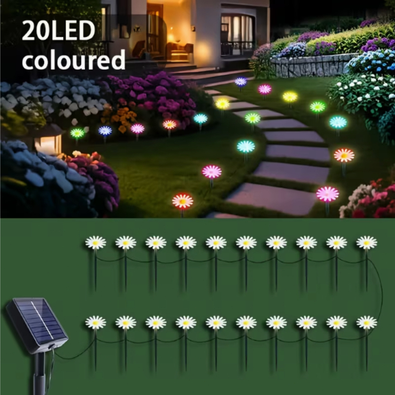 TEMU Guirlande lumineuse de pelouse extérieure à 20 perles LED, éclairage solaire, lumière colorée, 8 d'éclairage, guirlande lumineuse décorative