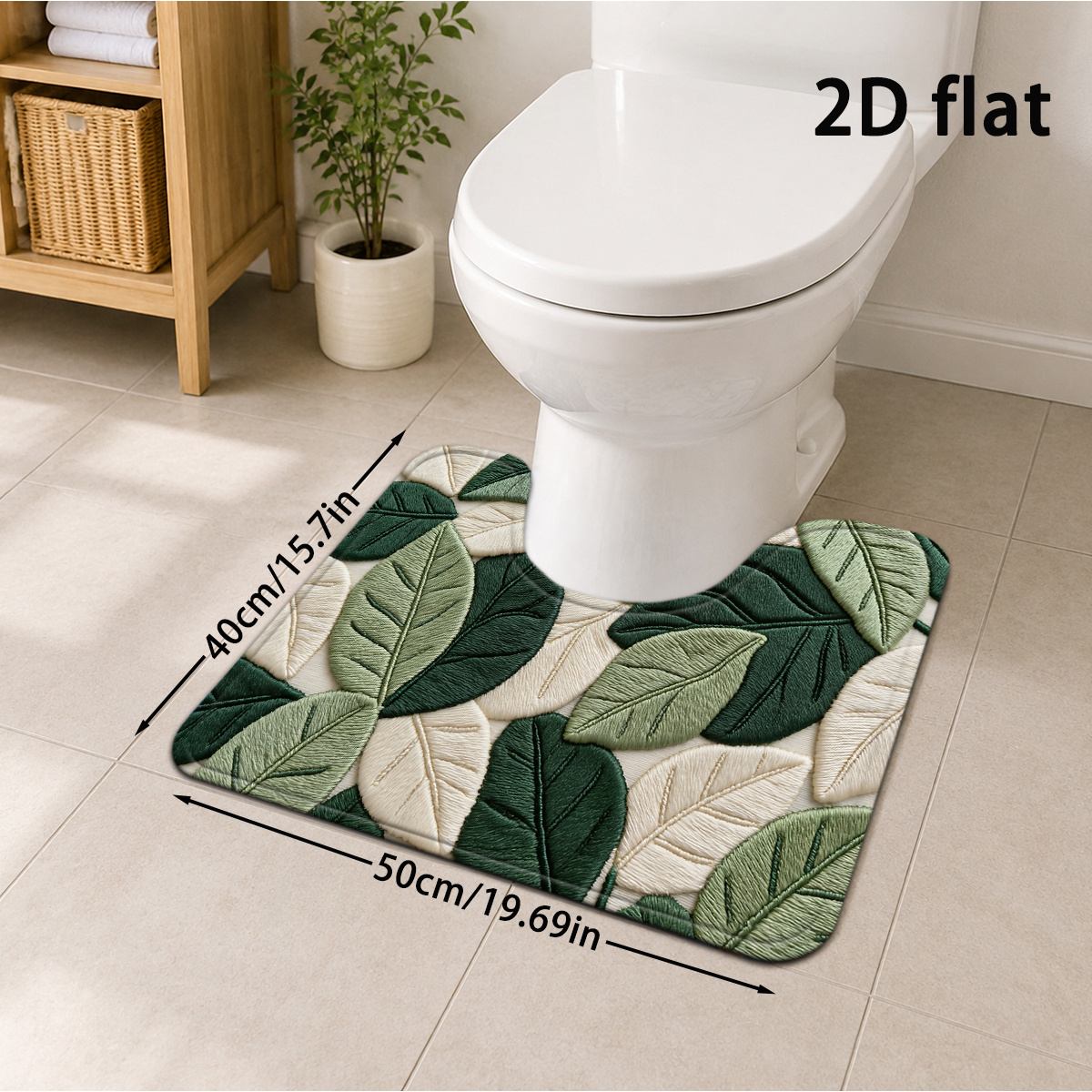 TEMU 2d Flat, 2d Flat, [2d Flat] 1pc Green Leaf Bathroom Mat Style Spring Floor Mat U-shaped Toilet Mat Soft Thick Absorbent Pad Suitable For Home