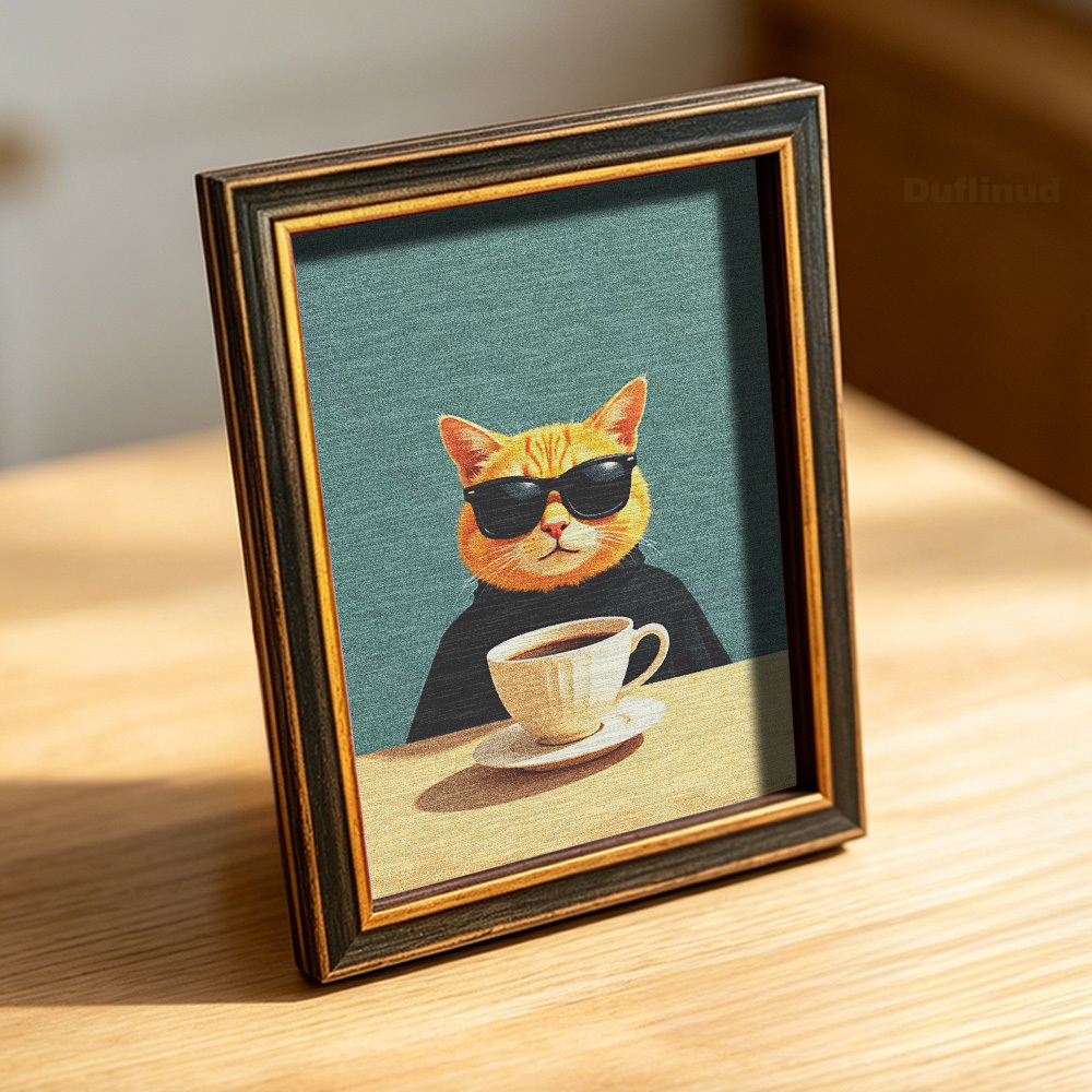 TEMU Drinking Coffee Fridge Magnet, Mini, Wooden Small Painting, Cat Wearing Sunglasses, With Coffee Cup, Fun And Fashionable Kitchen Refrigerator