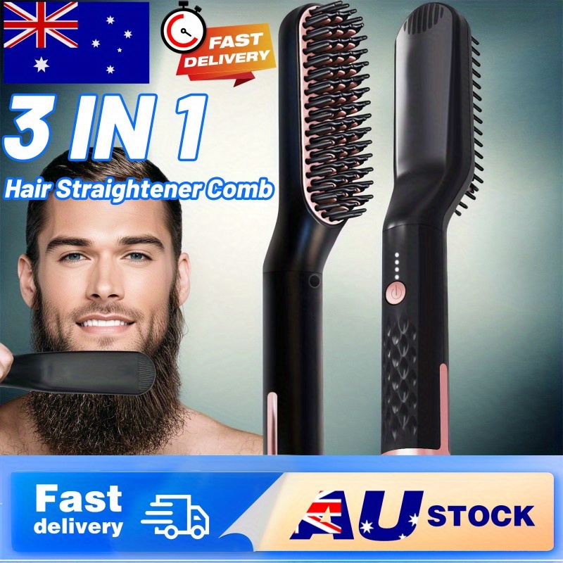 TEMU 3in1 Hair Straightener Comb, Comb Straightener With Au Plug, Beard Brush For Man, Hair Straightening Styling Comb, Electric Hair Straightener
