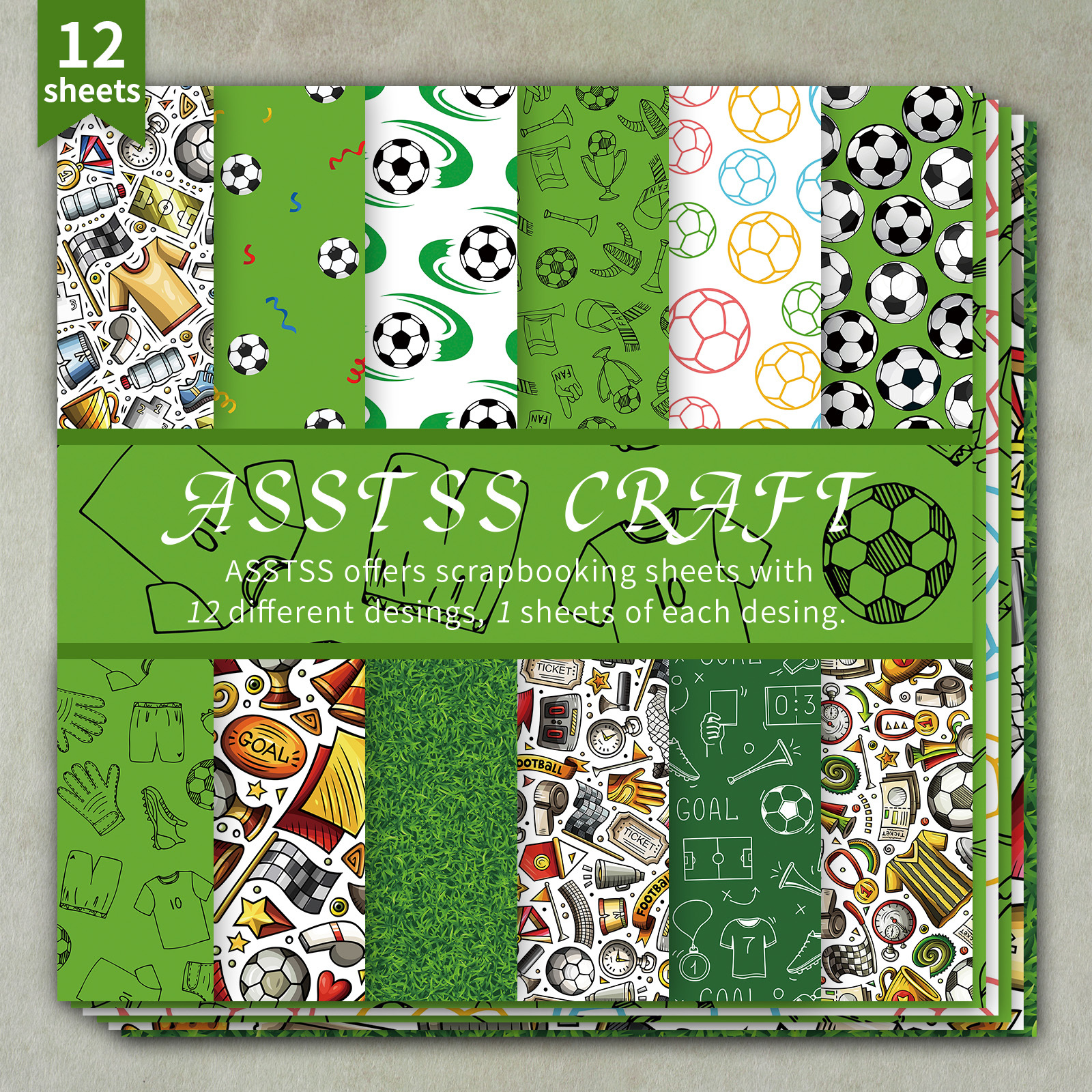 TEMU 12-sheet Asstss Heavyweight Soccer Football Scrapbooking Paper Pad Suitable For Journaling, Collage Art, Cardmaking - 6"x6" Cardstock With