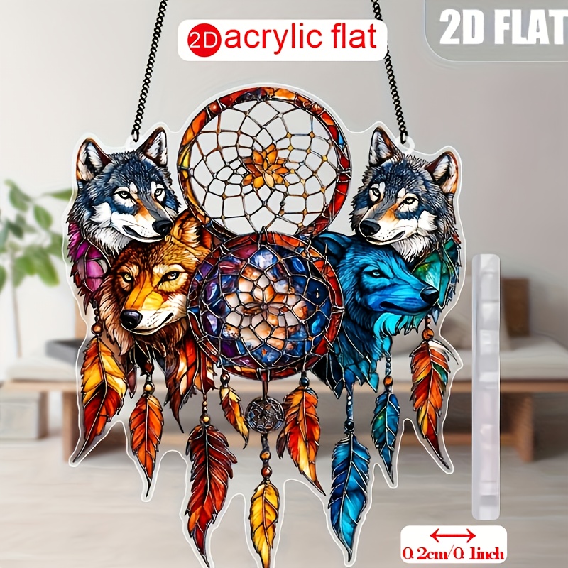 TEMU Art mural plat 2D style bohème loup et acrylique - Décoration salon chambre de nuit porche, cadeau maison de la nature, artisanat