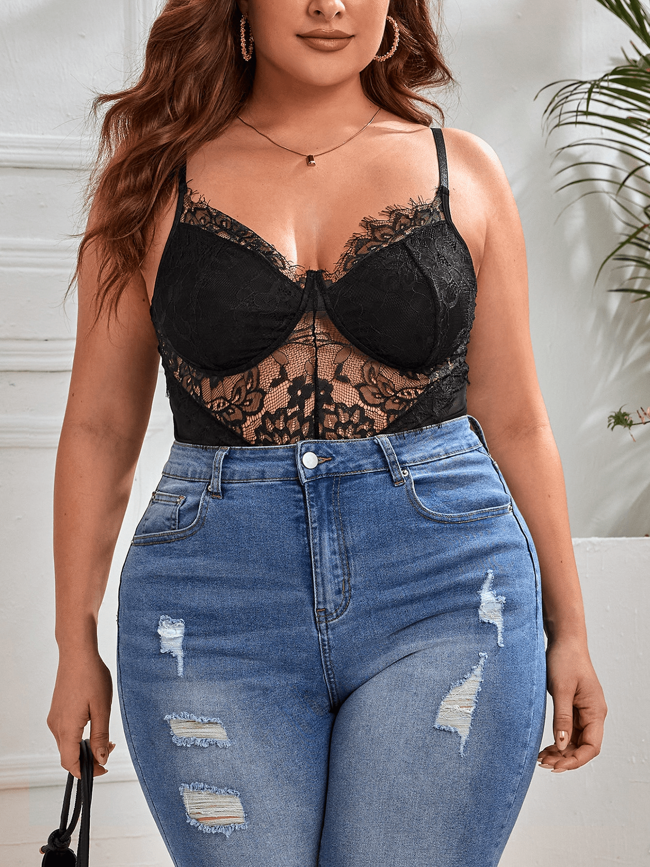 Plus Size Black Lace Bodysuit Sexy Sheer Floral Mesh Design with  Underwire Adjustable Straps Legs for Curvy Women Lingerie,