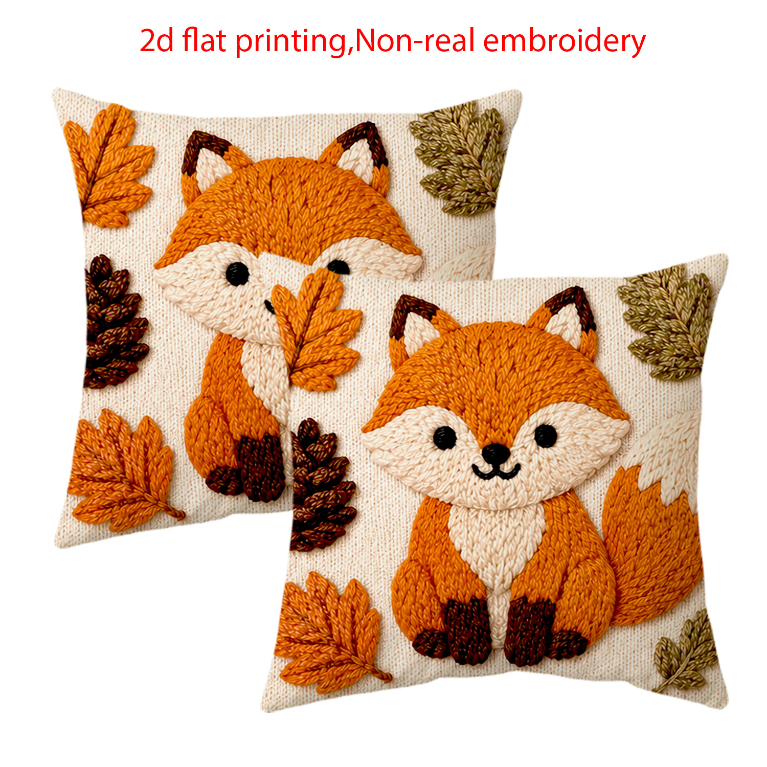 TEMU 2d Flat - 2pcs 2d Flat Printing Sweater Embroidery Autumn Fox And Pillowcase Set, Non-3d Embroidery, (18x18/45x45cm), Autumn Outdoor Cushion