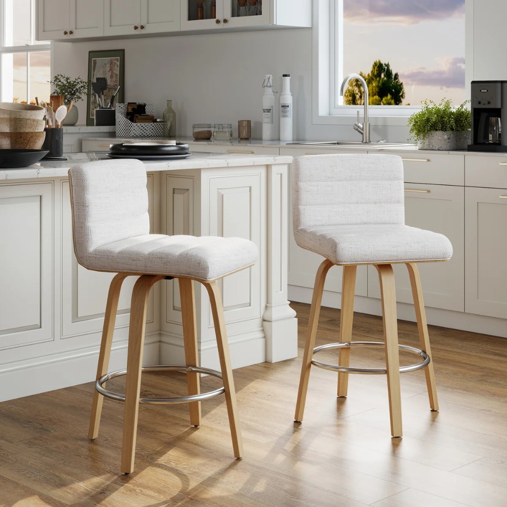 Pair of Contemporary Bar Stools Featuring Backs, Rotating Counter-Height Design, Upholstered Fabric for Kitchen Islands, Sturdy Wooden Legs, Ideal for Home Kitchens And Pubs