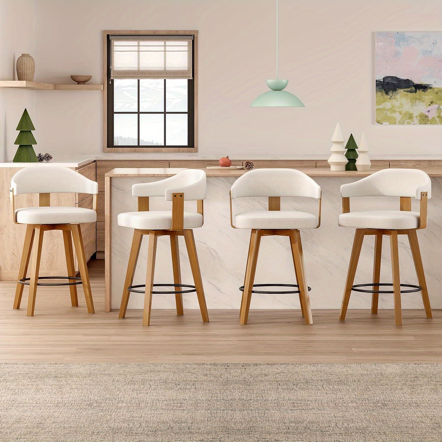 swivel bar stools set of 2 26 counter height bar chairs with curved back and armrest modern linen upholstered wood barstools for kitchen   bar beige