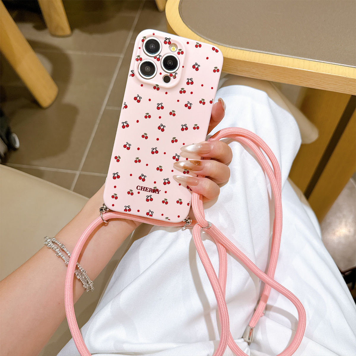 TEMU Phone Case - A Convenient Phone Case With A Multifunctional Adjustable Lanyard And Crossbody Strap, Featuring A Vibrant Pink Cherry Design. This