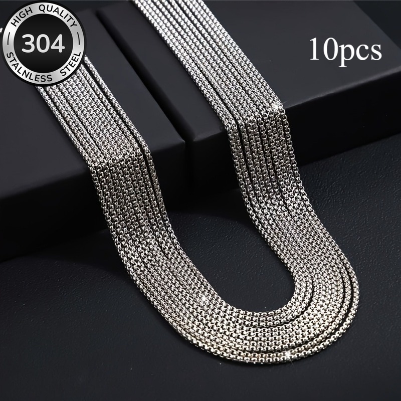 TEMU 10pcs Unisex Minimalist High-quality Silvery Square Chain Necklace, 304 Stainless Steel Jewelry Accessory, Simple And Versatile Jewelry, Diy