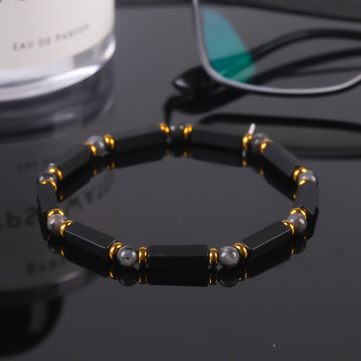 Black Onyx Labradorite Rectangular Beaded Bracelet