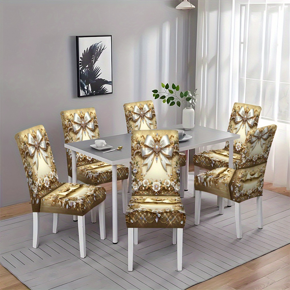 

2/4/6pcs Modern Stretchable Chair Covers With Bow Pattern, Hand Washable Polyester Fabric, 120-140g Square Weight, Decorative Dining & Living Room Chair Slipcovers