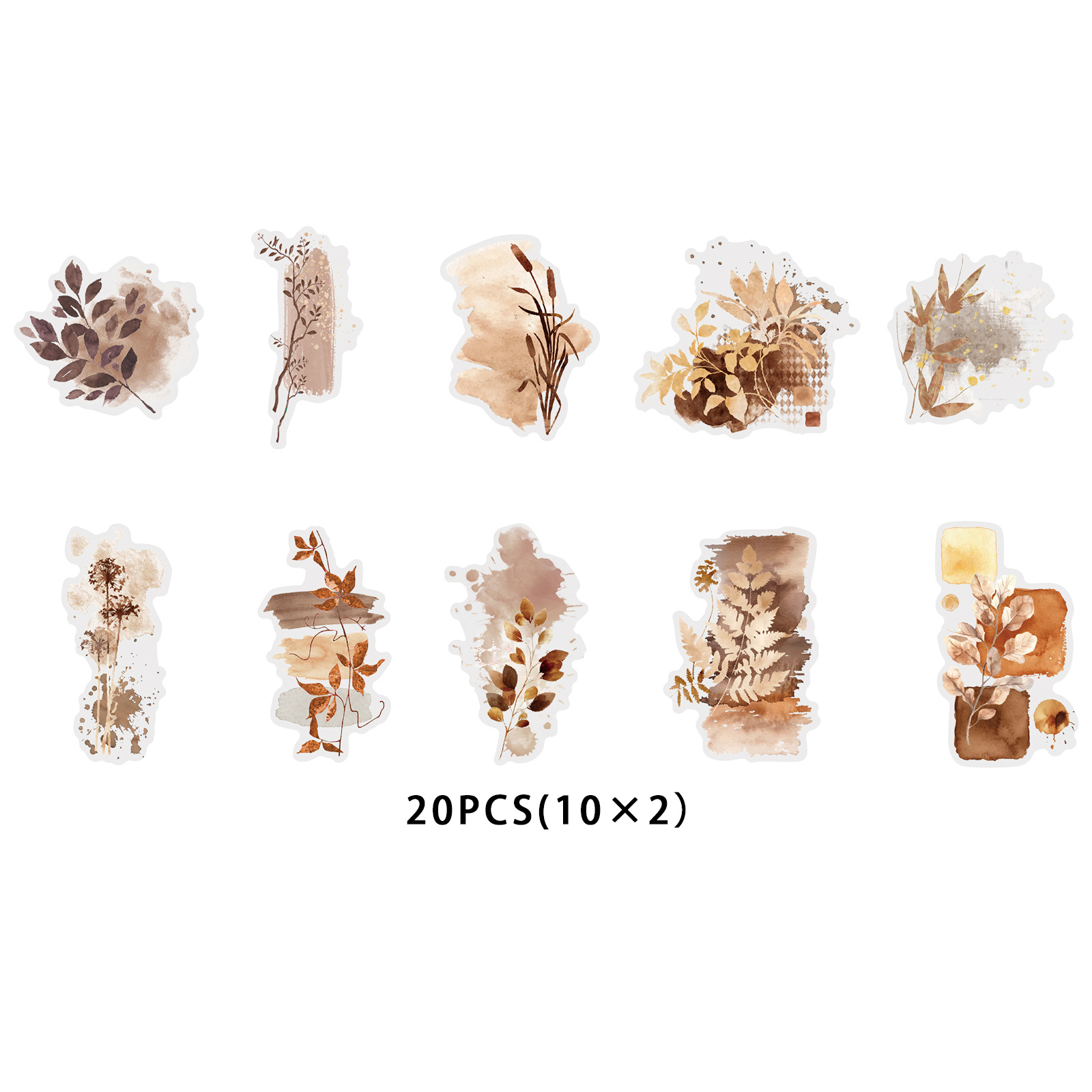 TEMU Etori Life 20 stuks Botanische PET-stickerset Karamelbruine Serie, Wazig Aquarel Verweerd Tak- en Bladcombinatieontwerp. Geschikt voor Laptops,
