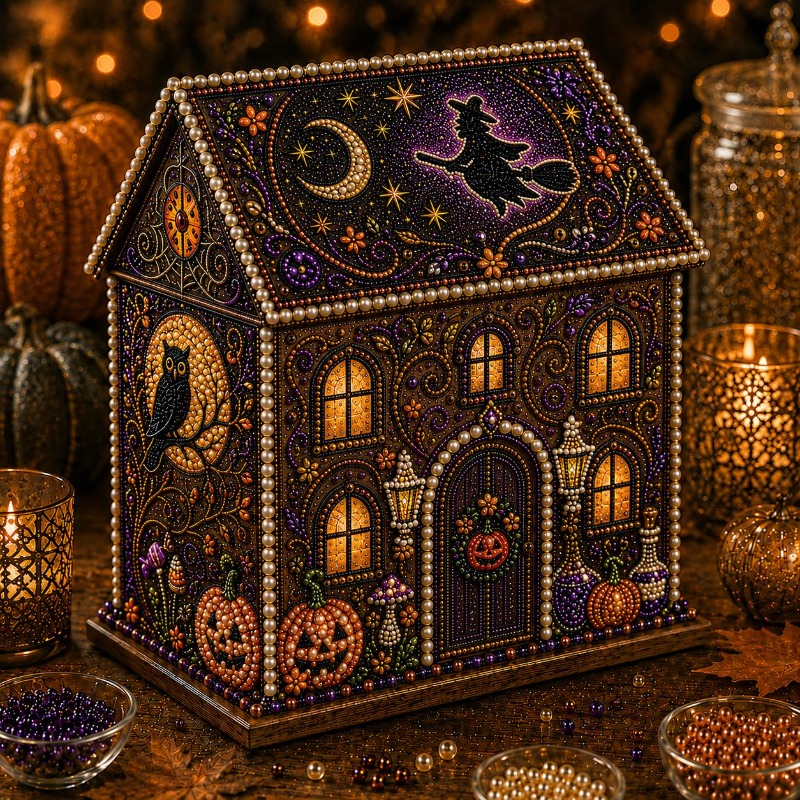 TEMU Kit de peinture de perles pour maison en bois 3D sur le thème d'Halloween, un ensemble d'art d'artisanat de décoration de perles, un ornement de