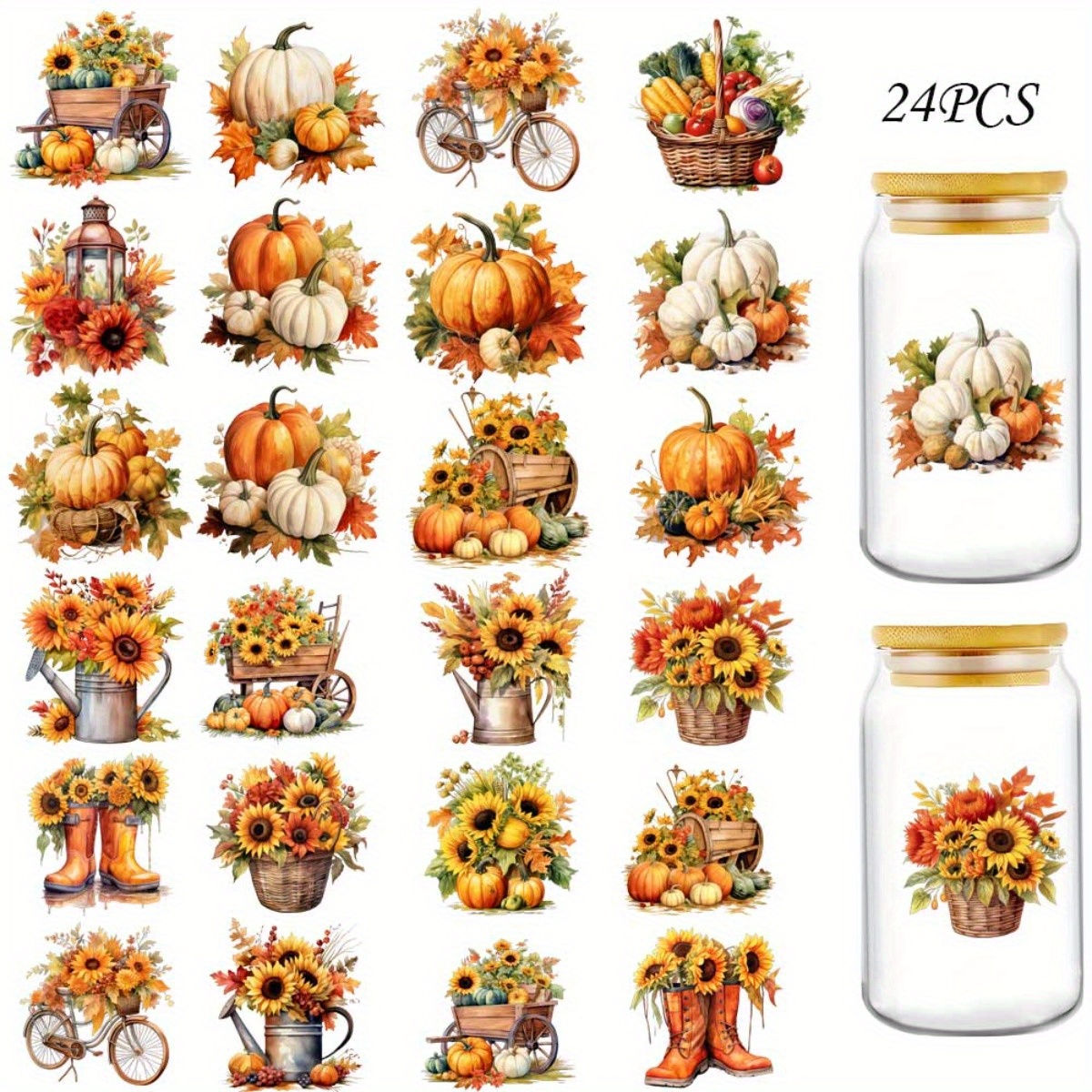 TEMU 24 pièces/set Autocollants DIY Citrouille d'Automne pour Bouteilles en Verre, Tasses à Café UV DTF Haute Décoratifs sur Mugs 16oz Stickers de