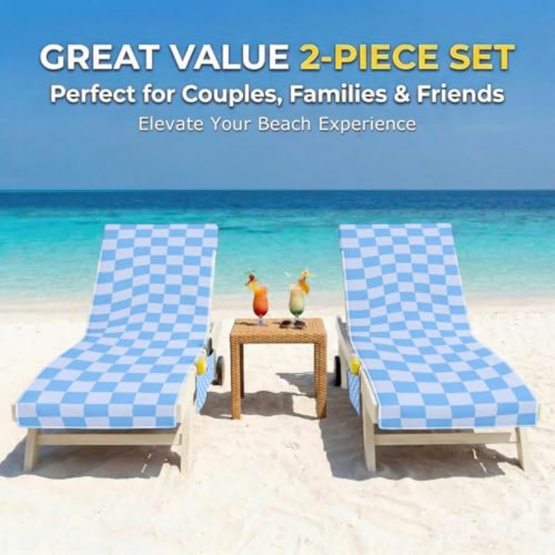 Lounge Chaise Chair Towel Covers Pack of 2, Beach Chair Cover with 3 Pockets for Pool Outdoor Beach Garden Patio Trips, 85 X30in (Blue Checkerboard)