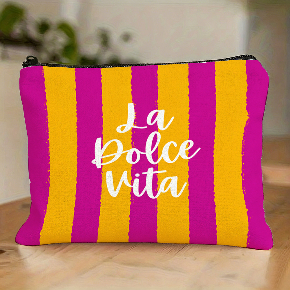 TEMU 1 pz, Borsa per trucco con cerniera e stampa di lettere "La Vita" verticali arancioni, rosa e rosse, adatta a come cosmetici, articoli da