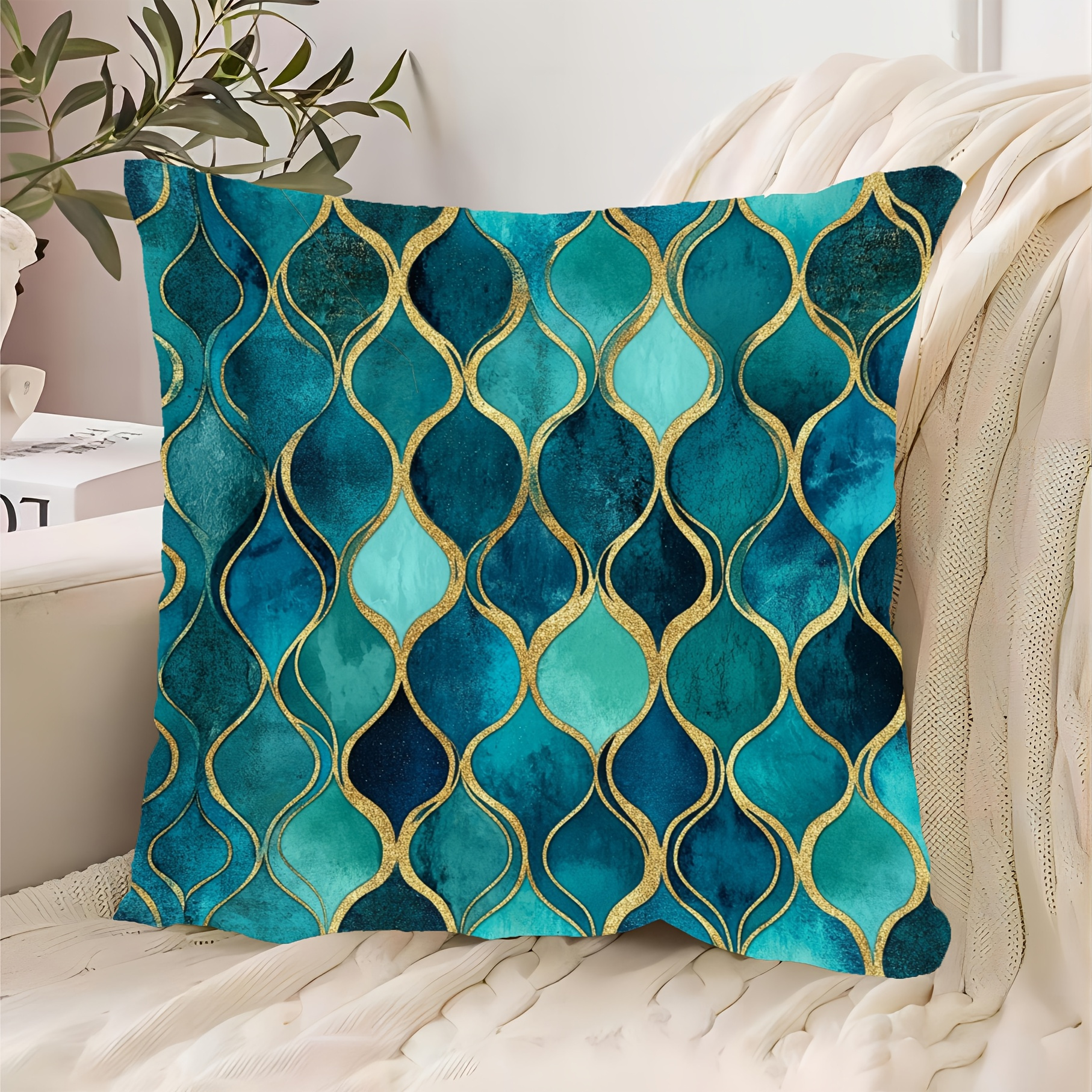 E-shop 1 Stück 18x18 Zoll Tiefes Türkis & Blau-Goldenes Geometrisches Muster Dekokissenbezug – Weicher Polyester Kurzflor, Reißverschluss,