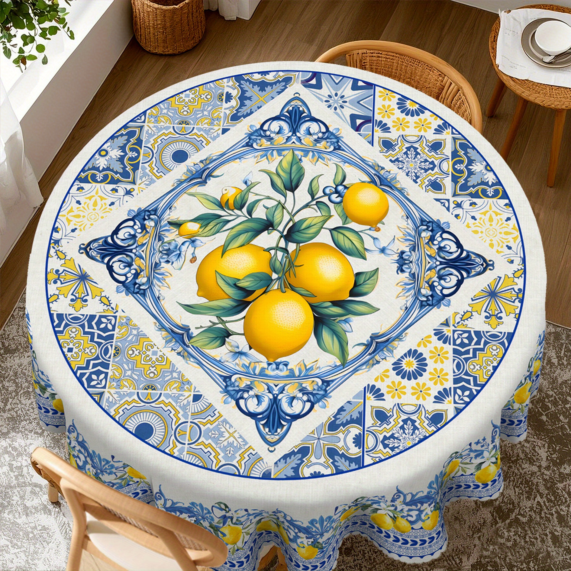 Image of French Vintage Style Tablecloth, Tile Mosaic Lemon And Floral Pattern, Design, Multi-functional Tabletop Decoration For Summer Dining, Parties, And Home Decor, In Multiple Sizes (rectangle, Round)