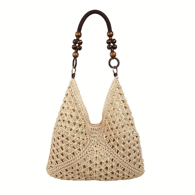 1pc womens elegant knit shoulder backpack beige khaki crossbody handbag with fixed closure durable polyester lining beige lining versatile for beach travel commuting daily use hand washable fabric casual 0