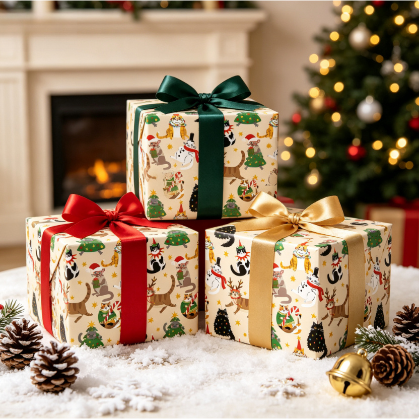 TEMU Rouleau de Chat de Noël 17X118 pouces, fond crème, dessin animé de chats festifs, , , chapeau de Père Noël, impression d'arbre de Noël, papier