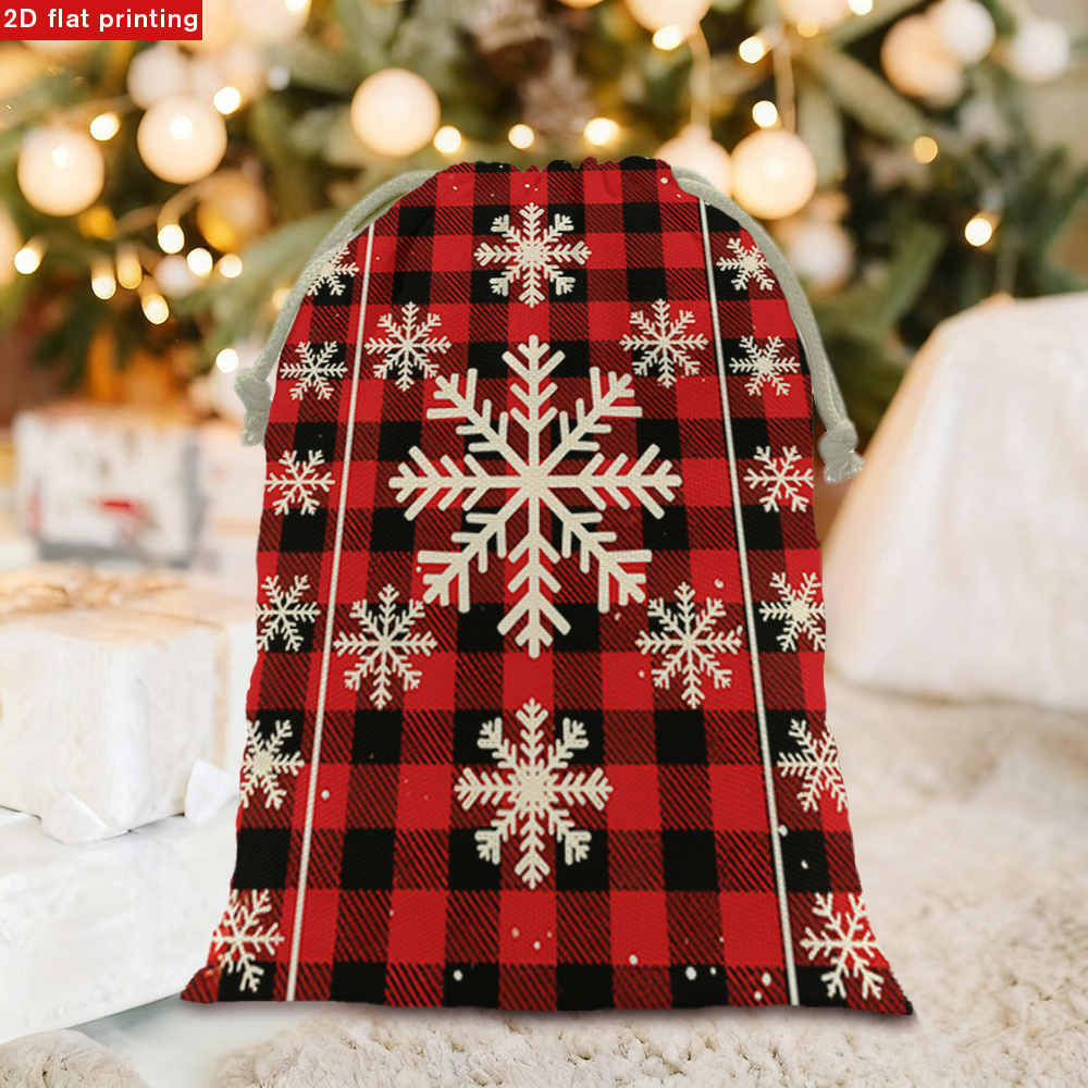 TEMU Gift For Her/him Gift Bags Feature A Red And Black Checkered Pattern With Snowflake Designs, Equipped With A Drawstring Closure, Making Them