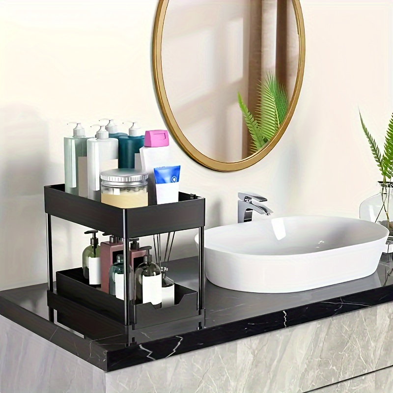 2-Tier Sliding Under Sink Organizer with Metal Frame - Black/White Plastic Storage Basket for Kitchen Spices, Cosmetics & Accessories, Multi-Purpose Bathroom Cabinet Drawer Shelf, Kitchen Organizer | Sleek Storage Solution | Durable Plastic Basket, Under Sink Organizers And Storage