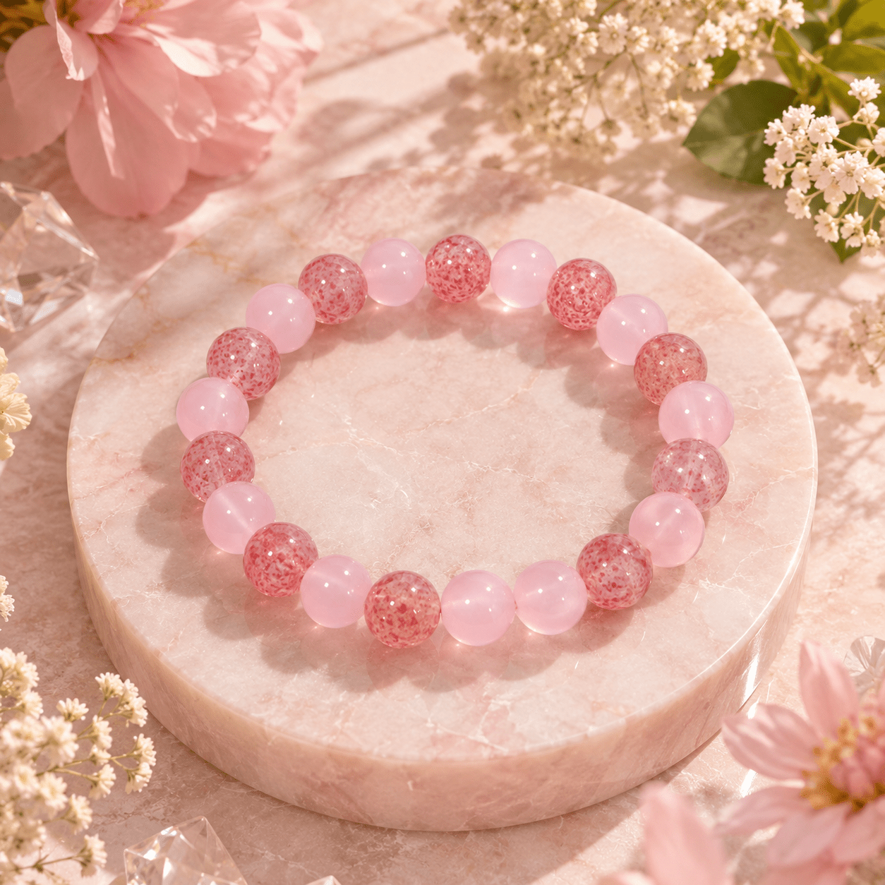 Unisex Wealth Bead Bracelet, Pink Agate, Bohemian Style