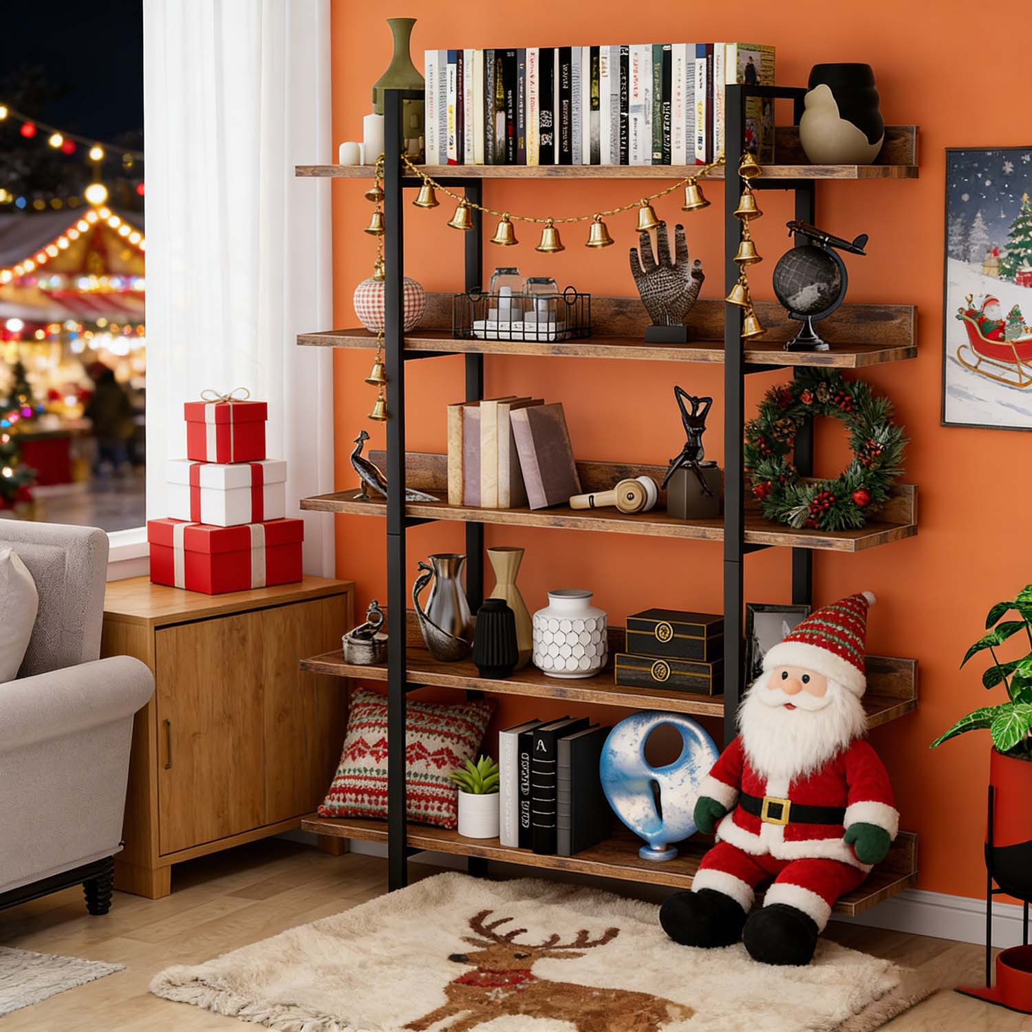 5 Tier Industrial Ladder Bookshelf - Standing Display Rack With Metal Frame And Rustic Wood Shelves, Space Storage Organizer For Home Office And Living Room, Only 1pc, Ideal For Daily Gifts And