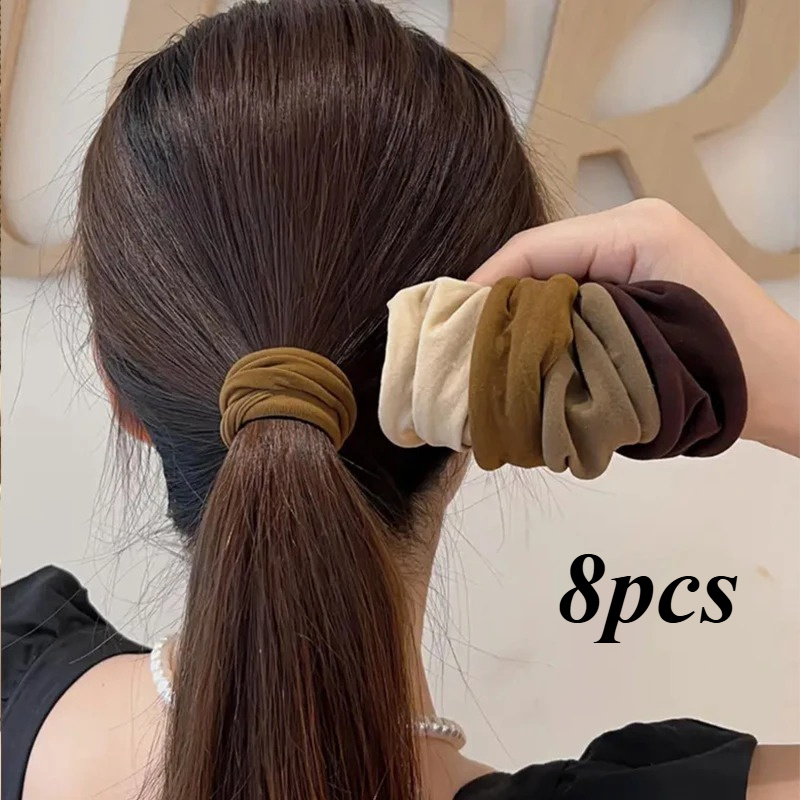 TEMU 8pcs Set Solid Color Widened Thickened Hair Rope Women's Ponytail Fixed Hair Ring Rubber Band Fashion Hair Accessories