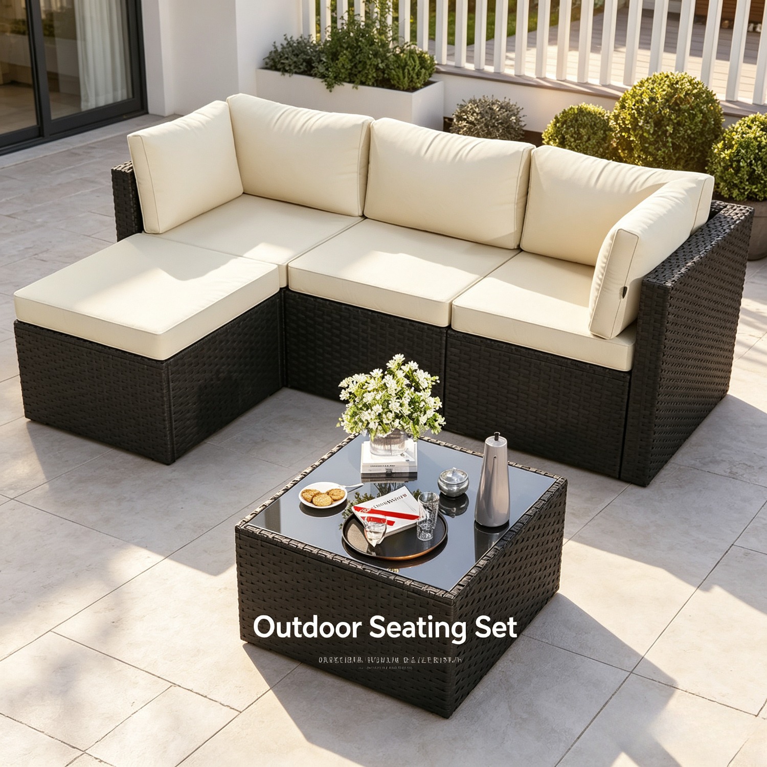 Image of Garden Furniture Set - 3pcs Set With 8cm Thick Cushions And Glass Coffee Table, Weather-resistant Outdoor Lounge Chair With Extra-long 200cm Seat, Sturdy Balcony And Terrace Furniture