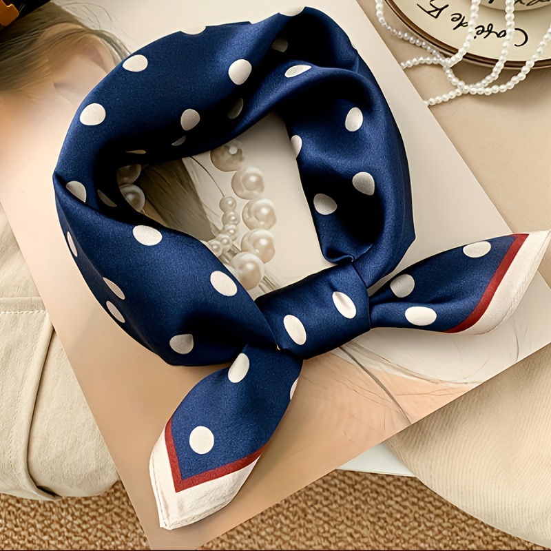 E-shop 1 Stück Damen Seide Quadratischer Schal, Klassischer Marineblau Weiß Polka Dot Print, Rot Weiß Kontrastbesatz, Ultra-Weich Hautfreundlich