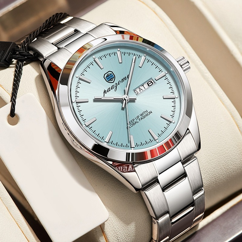 TEMU European And Stainless Steel Men's Watch Double Calendar Luminous Function Men's Gentleman Fashion Versatile Watch Gift For Boyfriend, Without