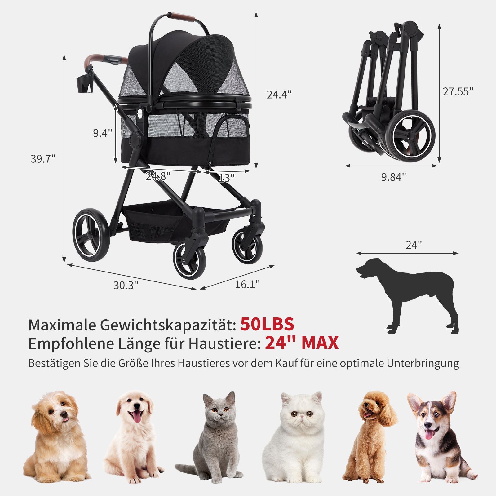 Image of 3-in-1 Black Foldable Pet Stroller () | Aluminum Tube With Baking Finish | 48. 5lbs Mesh Windows Shopping Basket Cup Holders | Ideal Travel Vet