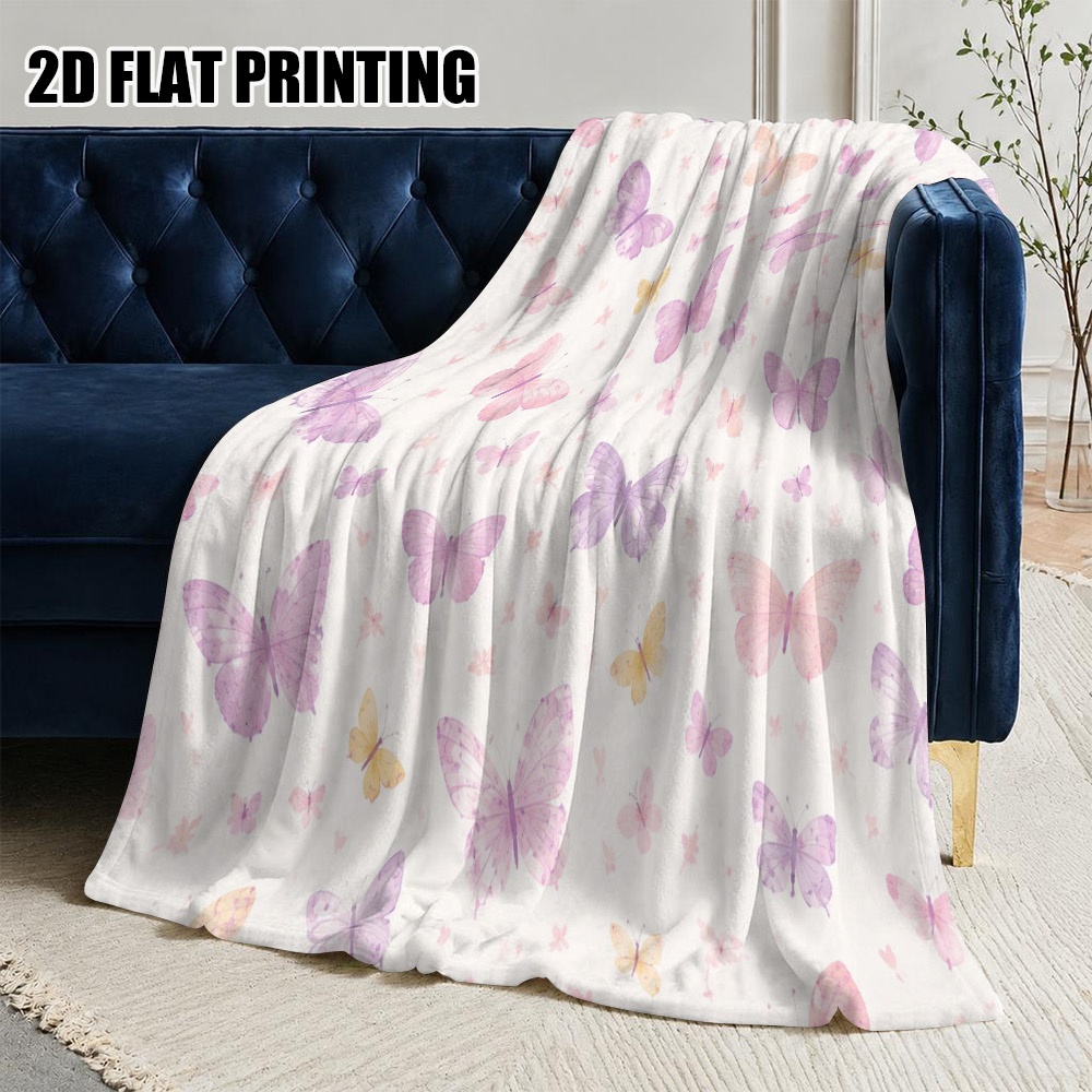 2d flat printing 1pc cozy flannel throw blanket featuring pastel butterflies lightweight travel blanket for living room and bedroom   2d flat