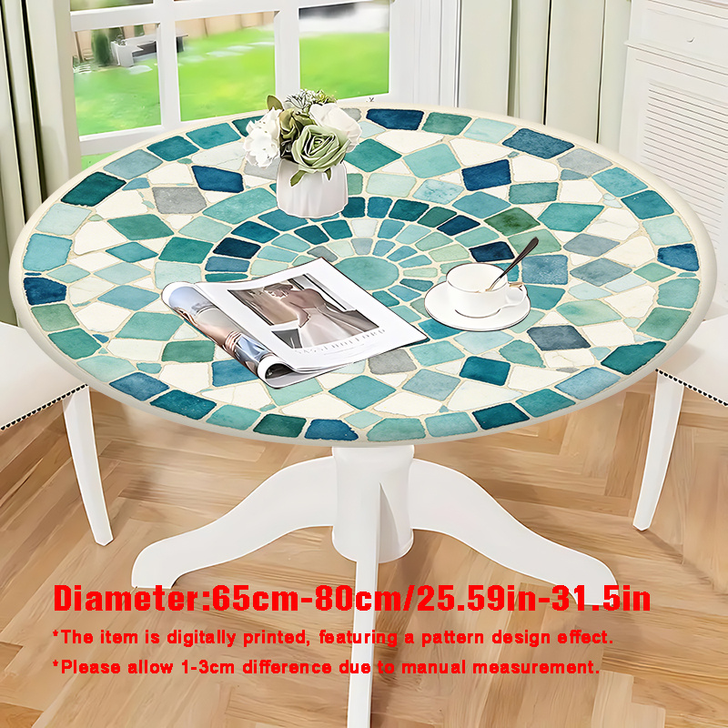 TEMU 1 mantel elástico con de mosaico de azul-verde para impresión 2D, ideal para mesas redondas de comedor, material de poliéster para fiestas,