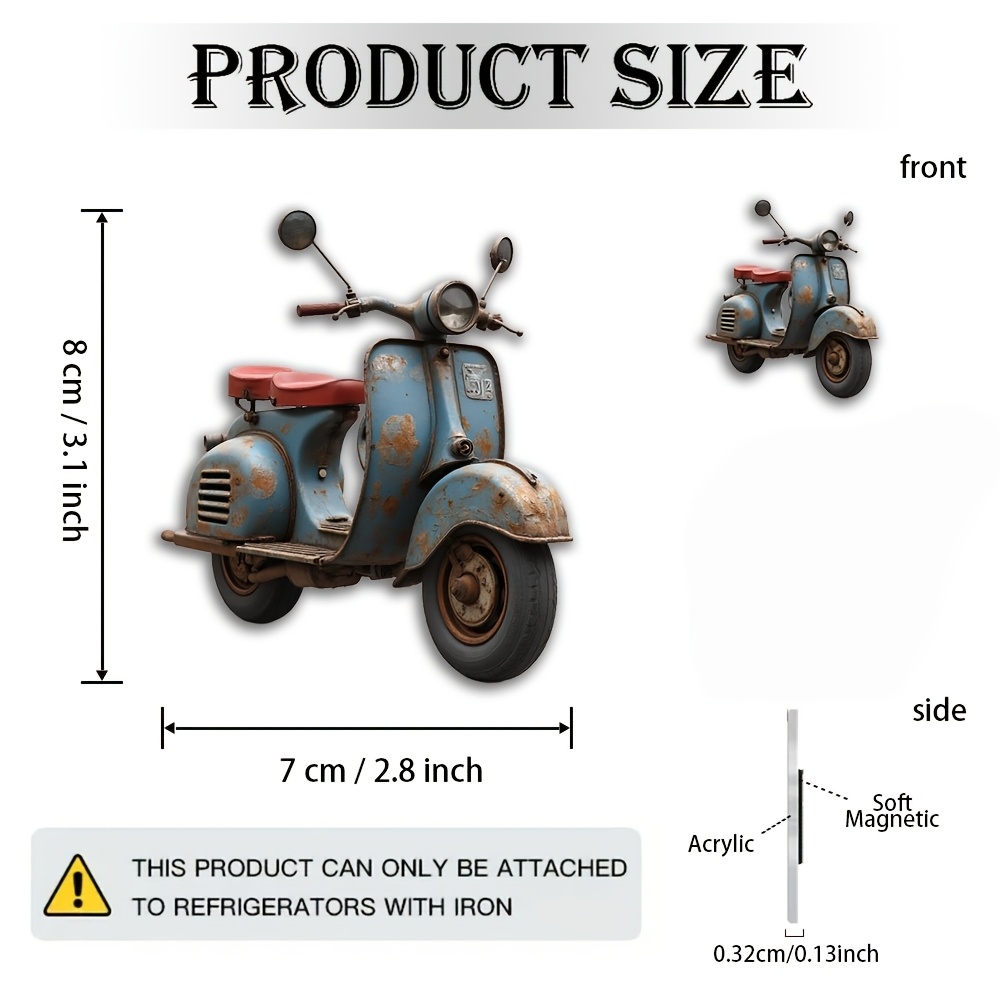 TEMU Imán de scooter azul vintage - Decoración retro de motocicleta con asiento de cuero y de metal desgastado - Coleccionable acrílico para