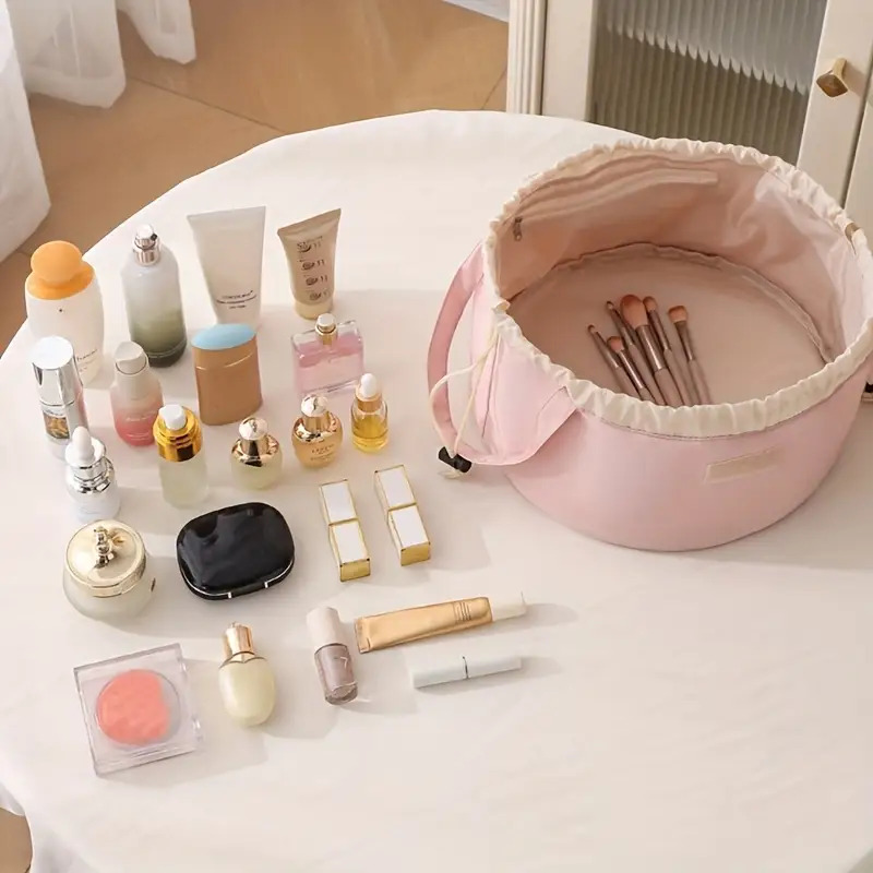 large capacity women men travel makeup toiletry portable bucket shaped storage bag with drawstring closure   case suitable for daily use gym vacation the Product details 6