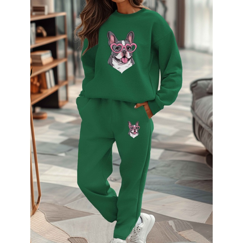 

French Bulldog Sweatshirt And Sweatpants Set, Polyester Geometric-pattern Crew Neck Knit Fabric For Fall/winter