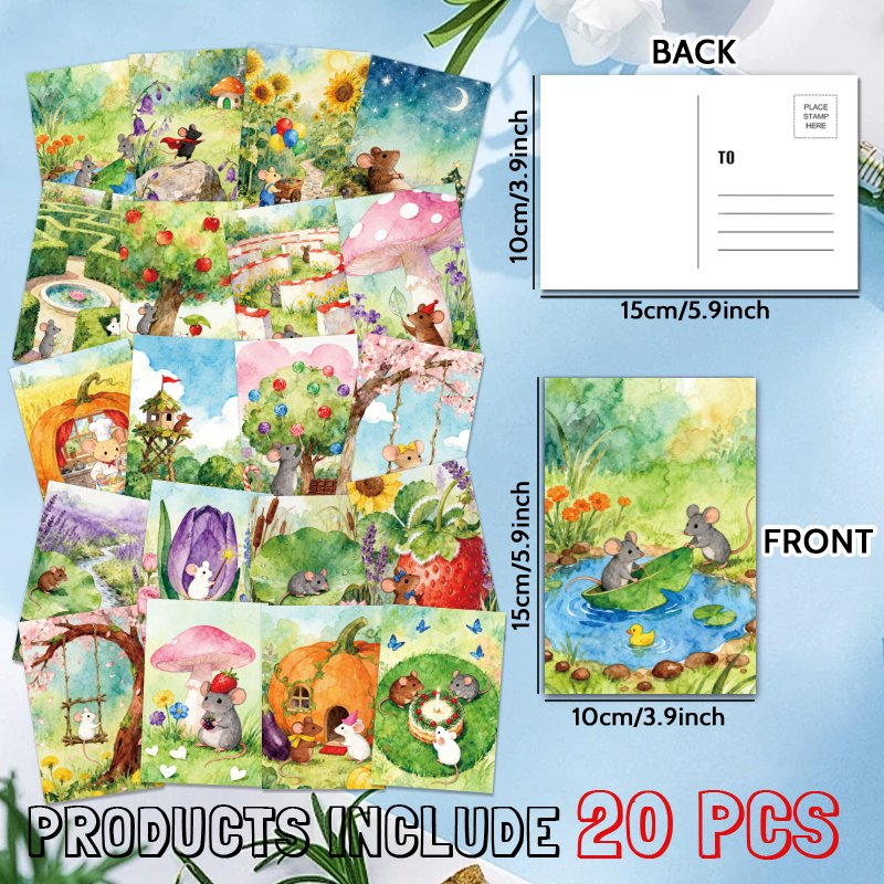 TEMU Upgraded Dicke Papier 20 Stück Aquarell Fantasy Maus Garten Postkarte, Einzigartiges Alltagsgeschenk für Familie & Freunde zum Geburtstagsgruß