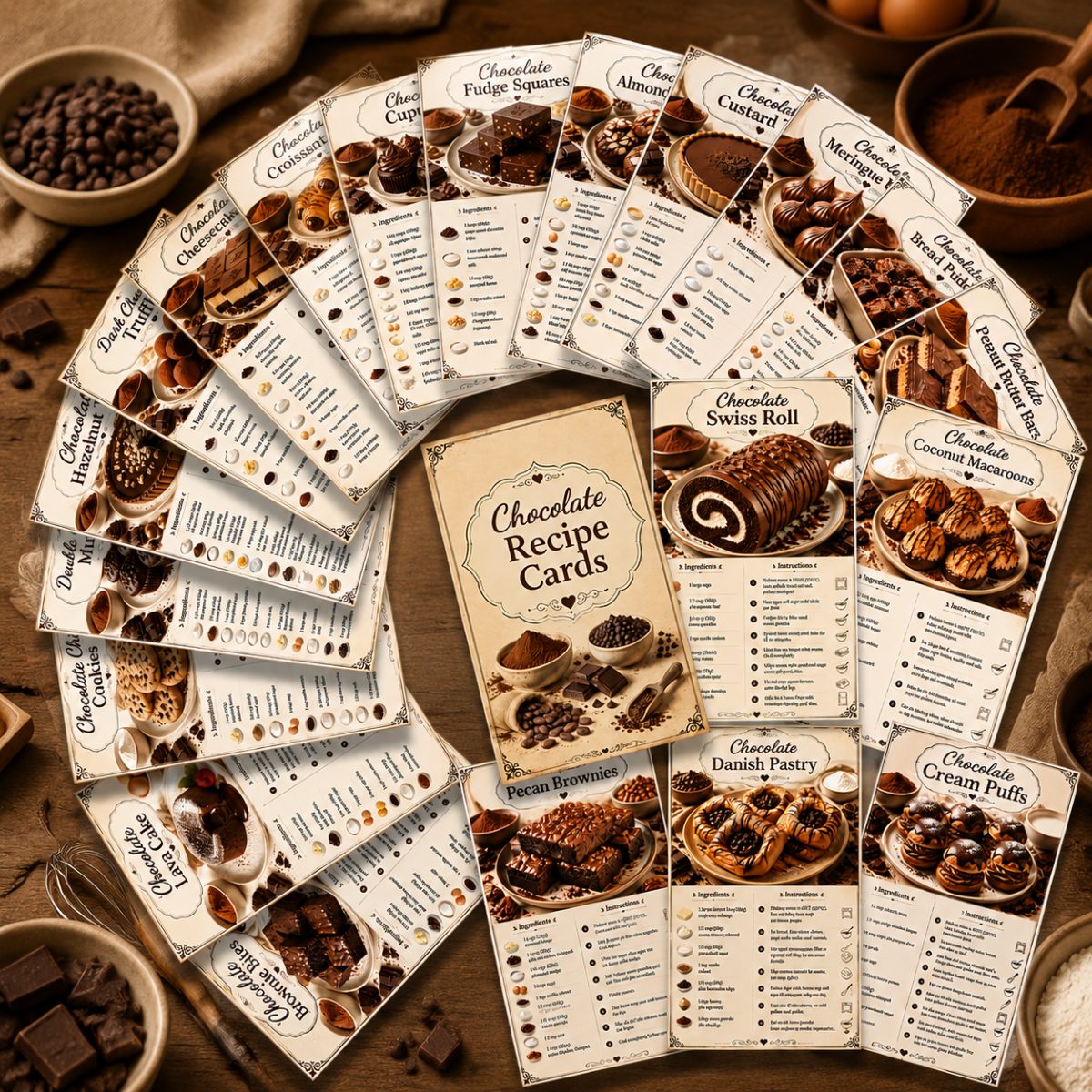TEMU 20pcs Chocolate Recipe Cards, Vintage Dessert Baking Guide Cards With Ingredients -by-step Instructions, Easy Chocolate Dessert Recipes For Home