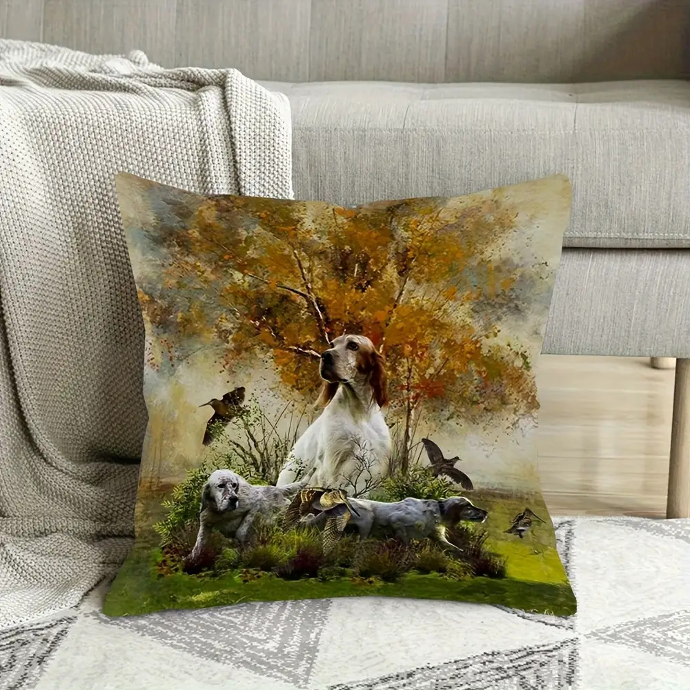TEMU 1pc Hunting Pillowcase - Pheasant & English Pointer Dog Print, Zippered Cover, Machine Washable Single-sided Decorative Case For Shooting